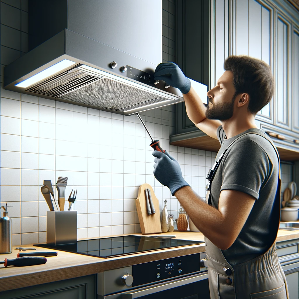 Técnico reparando en la cocina